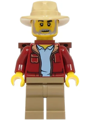 Lost City Explorer - Male, Dark Red Jacket with Bright Light Blue Shirt, Dark Tan Legs, Tan Fedora, Backpack