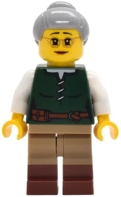Riverside Scholars - Female, Dark Green Laced Shirt, Dark Tan Legs with Molded Reddish Brown Boots, Light Bluish Gray Hair with Top Knot Bun