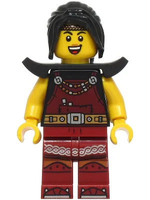 Schmiedin – weiblich, dunkelroter Overall und Beine mit Besatz, schwarze Haare, Schulterpolster