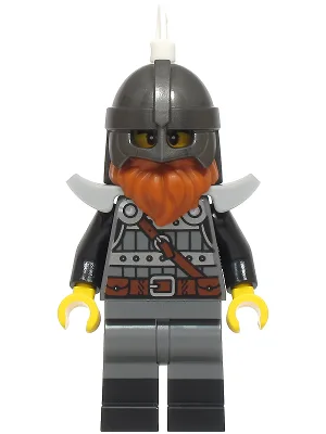 Ritter – männlich, dunkelblaugraue und silberne Rüstung, schwarze Stiefel, perlgrauer Helm, weiße Feder, dunkelorangener Bart, hellblaugraue Schulterpolster