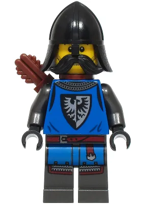 Schwarzer Falkenbogenschütze – männlich, perlgraue, detaillierte Beine, schwarzer Helm mit Nackenschutz, Schnurrbart, Köcher