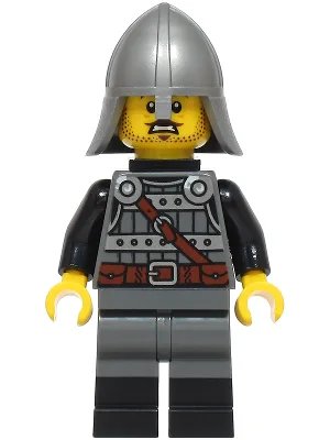 Ritter – männlich, dunkelblaugraue und silberne Rüstung, schwarze Stiefel, flacher silberner Helm mit Nackenschutz, Nackenhalterung mit Clip