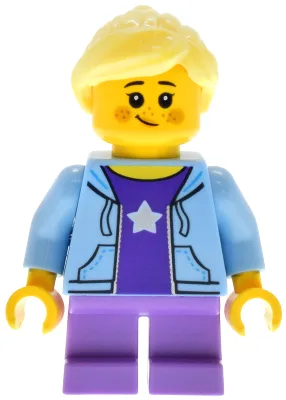 Antique Shop - Female Child, Bright Light Blue Hoodie over Dark Purple Shirt, Medium Lavender Short Legs, Bright Light Yellow Ponytail