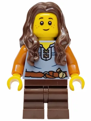 Mushroom Village - Female, Sand Blue Vest, Dark Brown Medium Legs, Dark Brown Long Wavy Hair