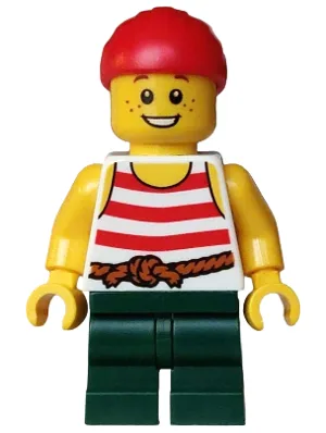 Pirate - Boy, White Tank Top with Red Stripes, Dark Green Medium Legs, Red Bandana