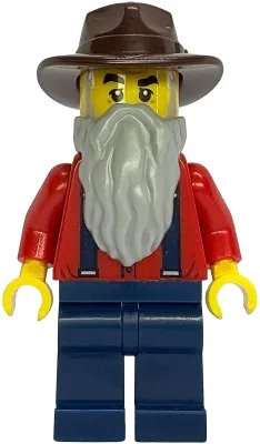 Gold Mine Prospector - Male, Red Shirt with Tan Tie, Dark Blue Legs, Dark Brown Fedora, Light Bluish Gray Beard
