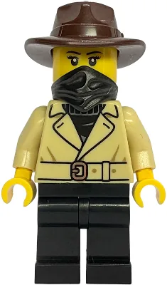Gold Mine Bandit - Female, Tan Jacket Over Black Sweater, Black Legs, Dark Brown Fedora, Black Bandana