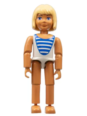Belville Femme - Maillot de bain blanc à rayures bleues, cheveux courts blond clair