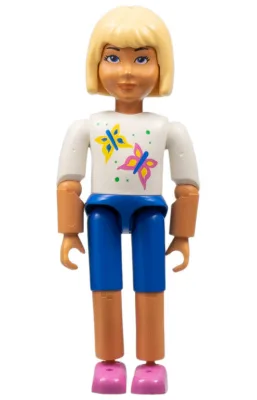 Belville Femme - Short bleu, chemise blanche à motifs papillons, cheveux blond clair
