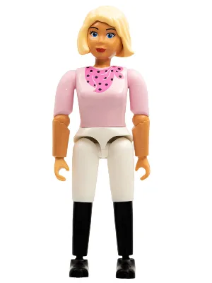 Belville Vrouw, Volwassen Vrouw (Paardrijdster) - Witte korte broek, roze shirt met donkerroze bandana-patroon, zeer lichtoranje haar, zwarte schoenen (4107494 / 4190094)