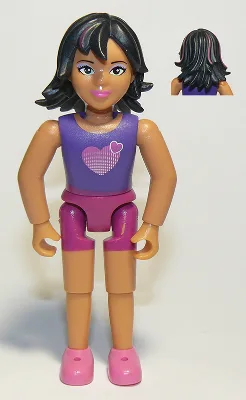 Belville Vrouw, Kind Meisje - Magenta Shorts, Donkerpaarse Top met Hartjespatroon, Zwart Haar met Magenta Strepen, Donkerroze Schoenen (4220983)