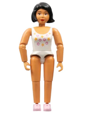 Belville Vrouw - Wit badpak met zeesterren- en schelpenpatroon, zwart haar, roze schoenen