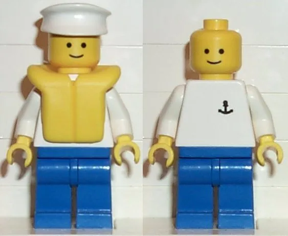 Ouvrier de bateau - Torse avec ancre, jambes bleues, chapeau blanc, gilet de sauvetage