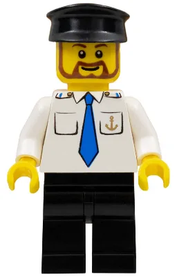 Boat Captain with Blue Tie and Anchor on Pocket, Black Hat, Brown Beard Rounded