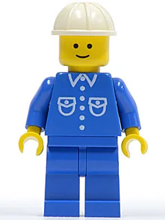 Overhemd met 6 knopen - blauw, blauwe broekspijpen, witte bouwhelm