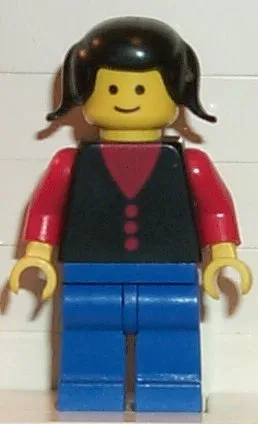 Shirt with 3 Buttons - Red, Red Arms, Blue Legs, Black Pigtails Hair