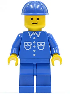 Chemise à 6 boutons bleue, pantalon bleu, casque de chantier bleu
