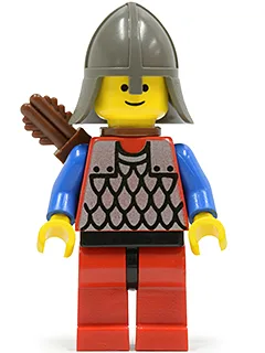 Cotte de mailles rouge avec manches bleues, jambes rouges avec hanches noires, protège-nuque gris foncé, carquois