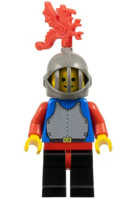 Cuirasse bleue à bras rouges, jambes noires à hanches rouges, casque à grille gris foncé, dragon à plumes rouges