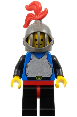 Cuirasse bleue avec bras noirs, jambes noires avec hanches rouges, casque à grille gris foncé, panache rouge, cape en plastique bleu
