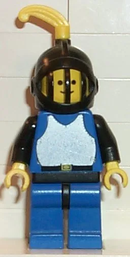 Brustpanzer – blau mit schwarzen Armen, blaue Beine mit schwarzen Hüften, schwarzer Gitterhelm, gelbe Feder, schwarzer Kunststoffumhang
