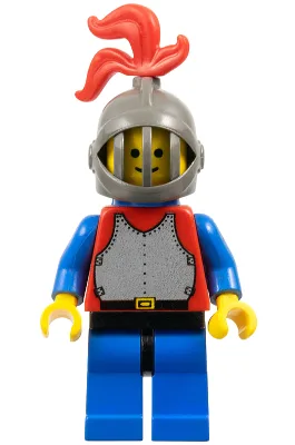 Cuirasse rouge avec bras bleus, jambes bleues et hanches noires, casque à grille gris foncé, panache rouge, cape en plastique bleu