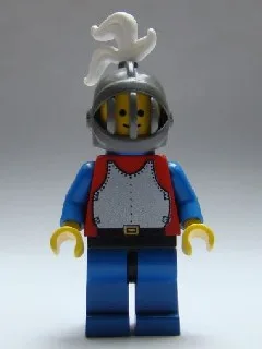 Cuirasse rouge avec bras bleus, jambes bleues et hanches noires, casque à grille gris foncé, panache blanc, cape en plastique bleu
