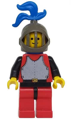 Cuirasse rouge à bras noirs, jambes rouges à hanches noires, casque à grille gris foncé, panache bleu, cape en plastique bleu