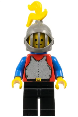 Borstplaat - Rood met blauwe armen, zwarte benen, donkergrijze grillehelm, gele pluim, blauwe plastic cape