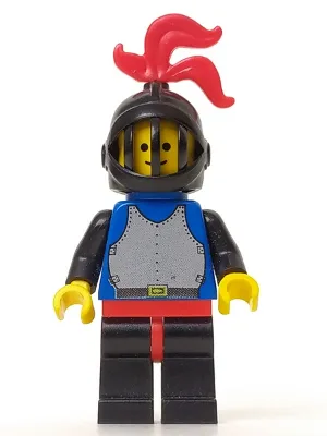 Brustpanzer – Blau mit schwarzen Armen, schwarze Beine mit roten Hüften, schwarze Arme, schwarzer Gitterhelm, rote Feder, blauer Kunststoffumhang