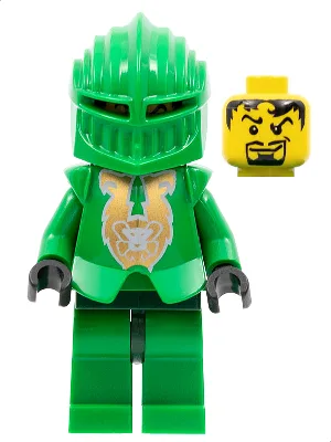 Knights Kingdom II - Rascus avec armure à motifs dorés, torse uni, hanches et casque vert foncé
