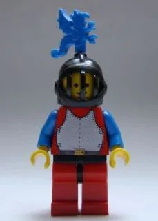 Cuirasse rouge avec bras bleus, jambes rouges avec hanches noires, casque à grille noire, plume de dragon bleue