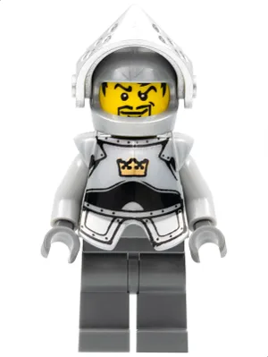 Ère fantastique - Chevalier couronné, tenue simple avec cuirasse, casque à visière, sourcils et bouc en jabot, hanches et jambes gris bleu foncé
