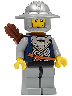 Fantasy-Ära – Schuppenpanzer für Kronenritter mit Krone, Helm mit breiter Krempe, vertikalen Wangenstreifen, Köcher