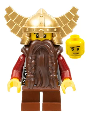 Époque fantastique - Nain, barbe brun foncé, casque doré métallisé avec ailes, bras rouge foncé, sourire narquois et barbe de trois jours