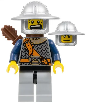 Fantasy-Ära – Schuppenpanzer für Kronenritter mit Brustgurt, Helm mit breiter Krempe, doppelseitiger Kopfschutz, hellblaugraue Beine, Köcher