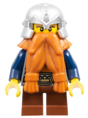 Fantasy-Ära – Zwerg, dunkeloranger Bart, silbermetallischer Helm mit Nietenbändern, dunkelblaue Arme, hellbrauner Bart