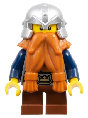 Époque fantastique - Nain, barbe orange foncé, casque argenté métallisé à bandes cloutées, bras bleu foncé, sourcils bruns, sourire fin
