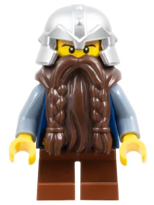 Époque fantastique - Nain, barbe brun foncé, casque argenté métallisé à bandes cloutées, bras bleu sable
