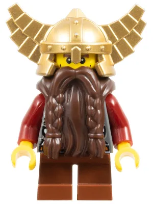Époque fantastique - Nain, barbe brun foncé, casque doré métallisé avec ailes, bras rouge foncé, rides verticales sur les joues