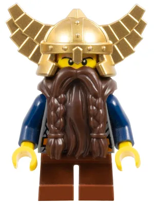 Fantasietijdperk - Dwerg, donkerbruine baard, metallic gouden helm met vleugels, donkerblauwe armen