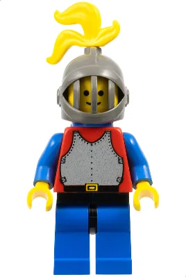 Cuirasse rouge avec bras bleus, jambes bleues et hanches noires, casque à grille gris foncé, panache jaune, cape en plastique bleu