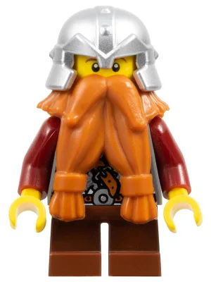 Fantasietijdperk - Dwerg, donkeroranje baard, metallic zilveren helm met noppenbanden, donkerrode armen