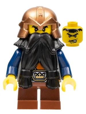 Époque fantastique - Nain, Barbe Noire, Casque de cuivre à bandes cloutées, Armes bleu foncé