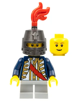Rote Schärpe, Helm geschlossen, hellblaugraue, kurze Beine, rötlich-braune Augenbrauen