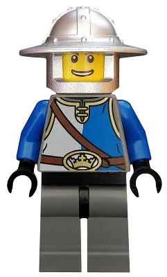 Kasteel - Koningsridder blauw en wit met borstband en kroonriem, helm met brede rand, open grijns