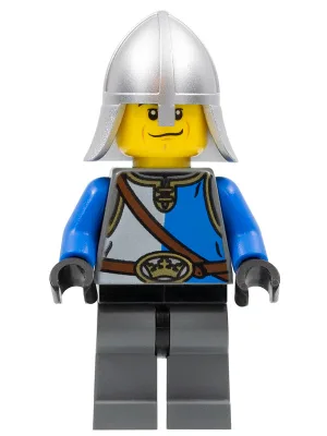 Kasteel - Koningsridder Blauw en Wit met Borstband en Kroonriem, Helm met Nekbeschermer, Angstgezicht