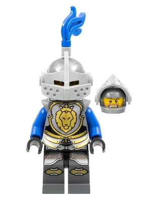 Kasteel - Koningsridderharnas met leeuwenkop en kroon, helm met puntig vizier, blauwe pluim, boos gezicht