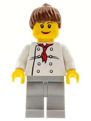 Chef - Torse blanc à 8 boutons, jambes gris clair bleuté, queue de cheval châtain roux, sourcils bruns, Femme
