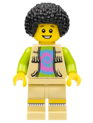 Musician - Male, Vest with Fringe over Lime Top with Pink and Blue Swirl, Black Bushy Hair